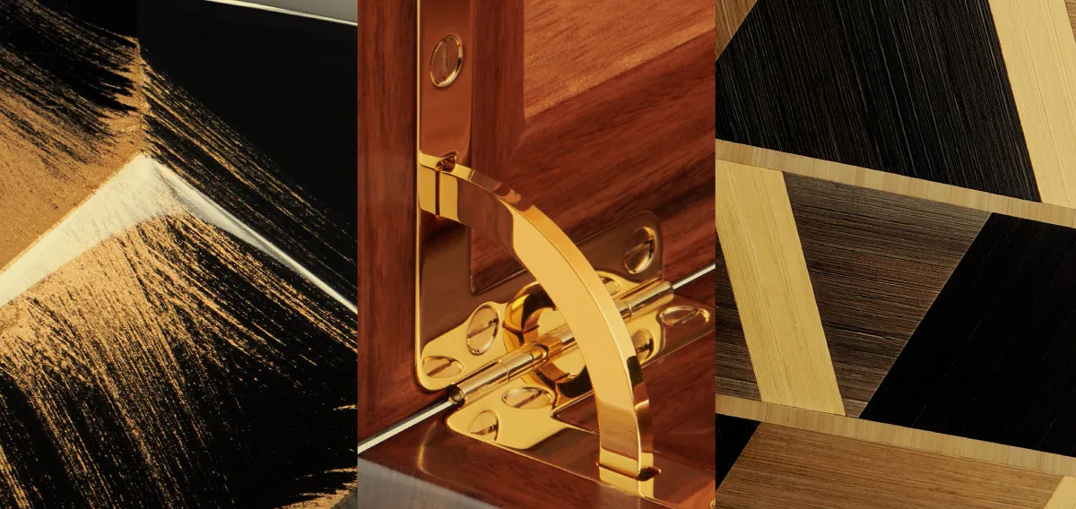 Détails de finitions MOEVUS : laque, ferrure dorée et marqueterie