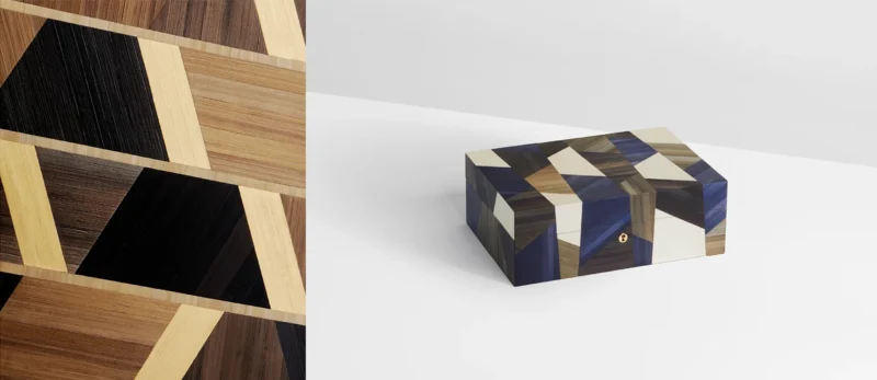 Coffret en marqueterie géométrique réalisé par la manufacture MOEVUS
